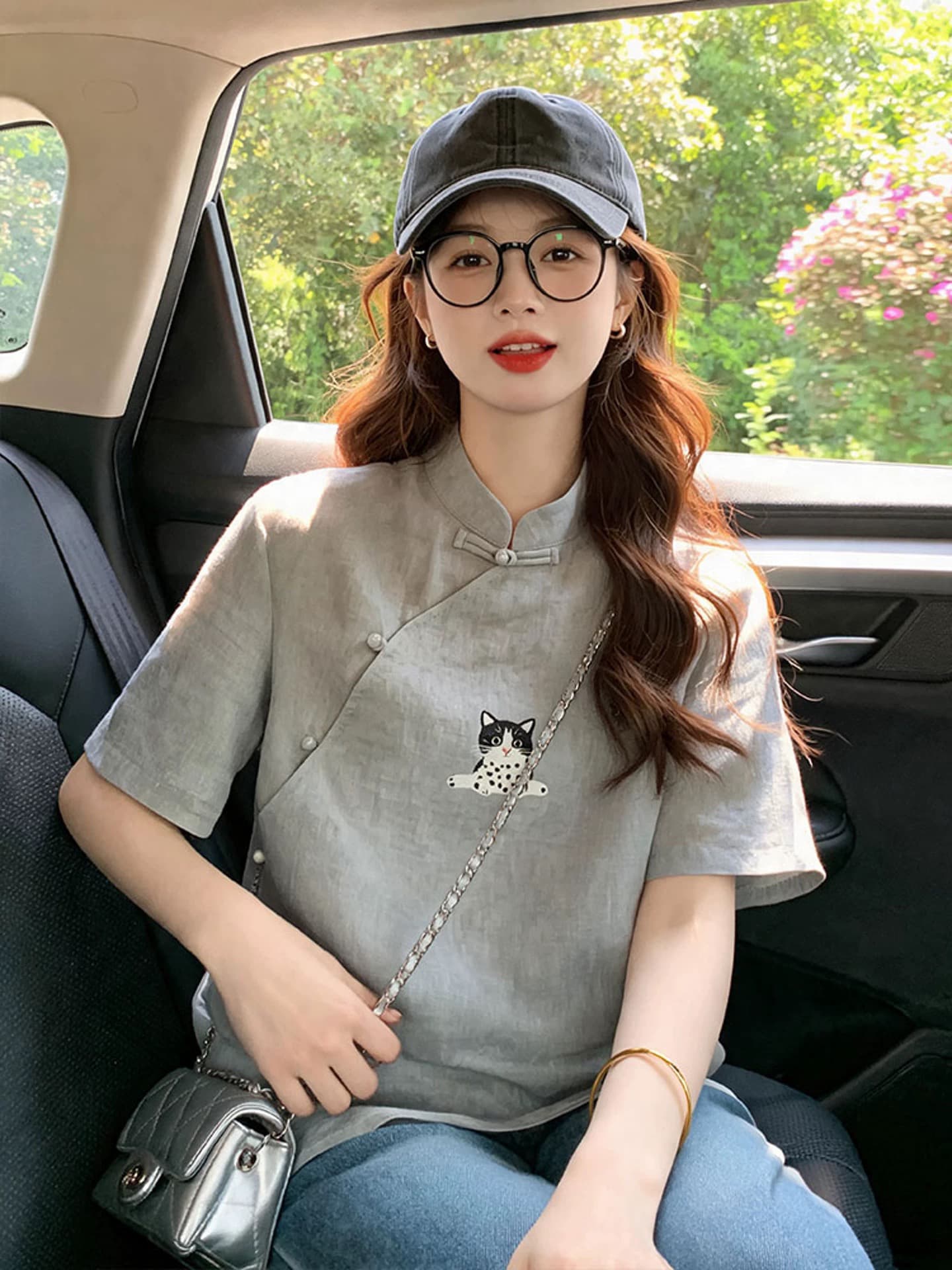 회색 면 린넨 새끼 고양이 반팔 티셔츠 중식 국풍 여성 의류 2026 새로운 개선 당나라 비스듬한 襟 단추 맨위 상세 이미지 5