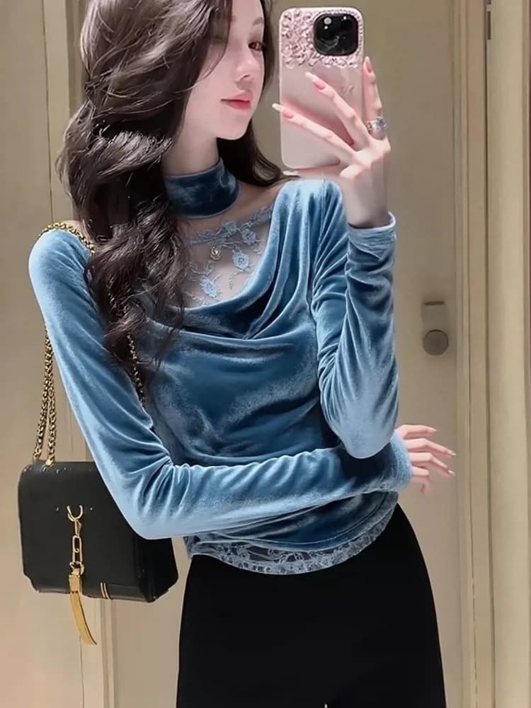 파란색 행침 목 레이스 조각 벨벳 여성 셔츠 봄 봄 가을 자이언트 잘 생긴 고급 센스 주름 고유 한 아름다운 맨위