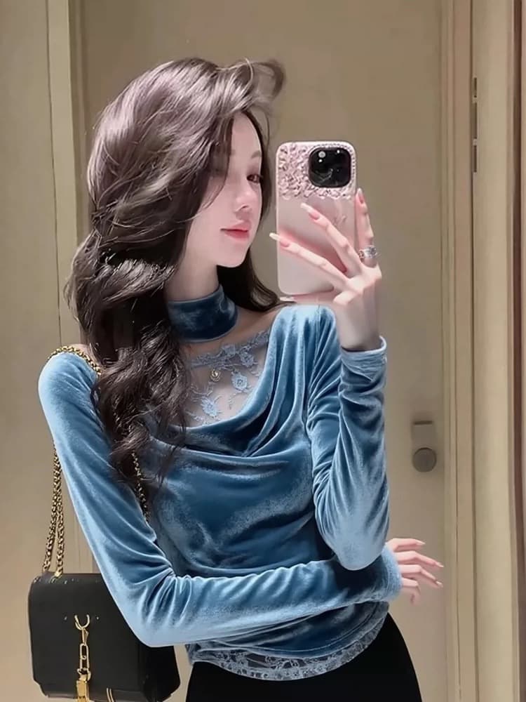 파란색 행침 목 레이스 조각 벨벳 여성 셔츠 봄 봄 가을 자이언트 잘 생긴 고급 센스 주름 고유 한 아름다운 맨위 이미지 2