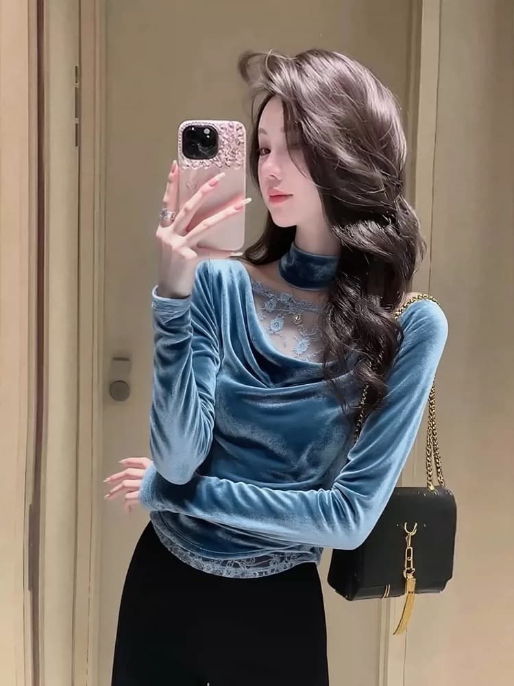 파란색 행침 목 레이스 조각 벨벳 여성 셔츠 봄 봄 가을 자이언트 잘 생긴 고급 센스 주름 고유 한 아름다운 맨위 이미지 3