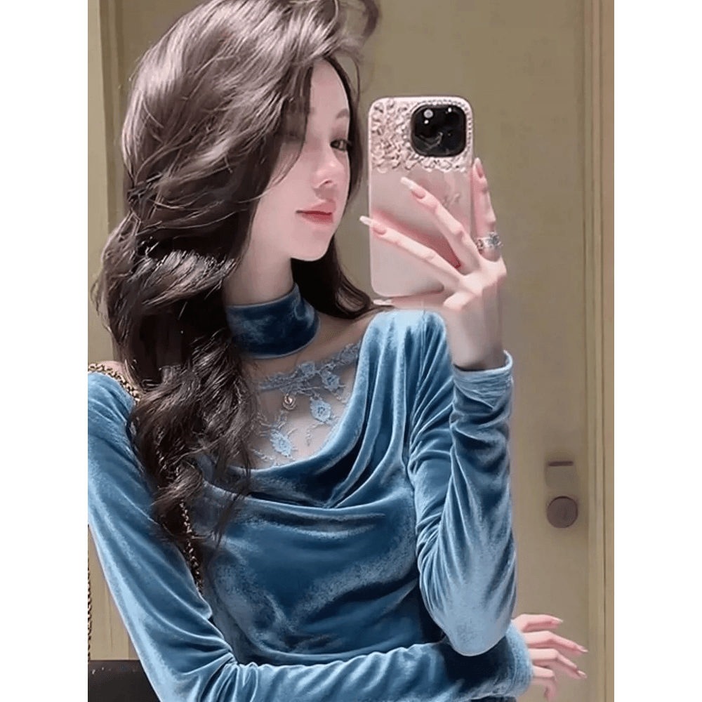 파란색 행침 목 레이스 조각 벨벳 여성 셔츠 봄 봄 가을 자이언트 잘 생긴 고급 센스 주름 고유 한 아름다운 맨위 이미지 5