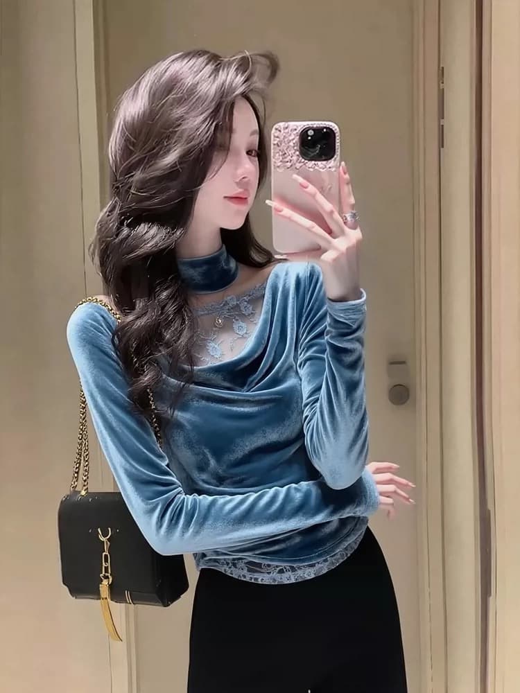 파란색 행침 목 레이스 조각 벨벳 여성 셔츠 봄 봄 가을 자이언트 잘 생긴 고급 센스 주름 고유 한 아름다운 맨위 상세 이미지 1