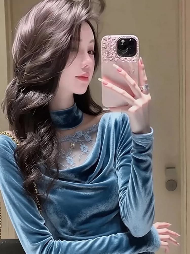 파란색 행침 목 레이스 조각 벨벳 여성 셔츠 봄 봄 가을 자이언트 잘 생긴 고급 센스 주름 고유 한 아름다운 맨위 상세 이미지 3