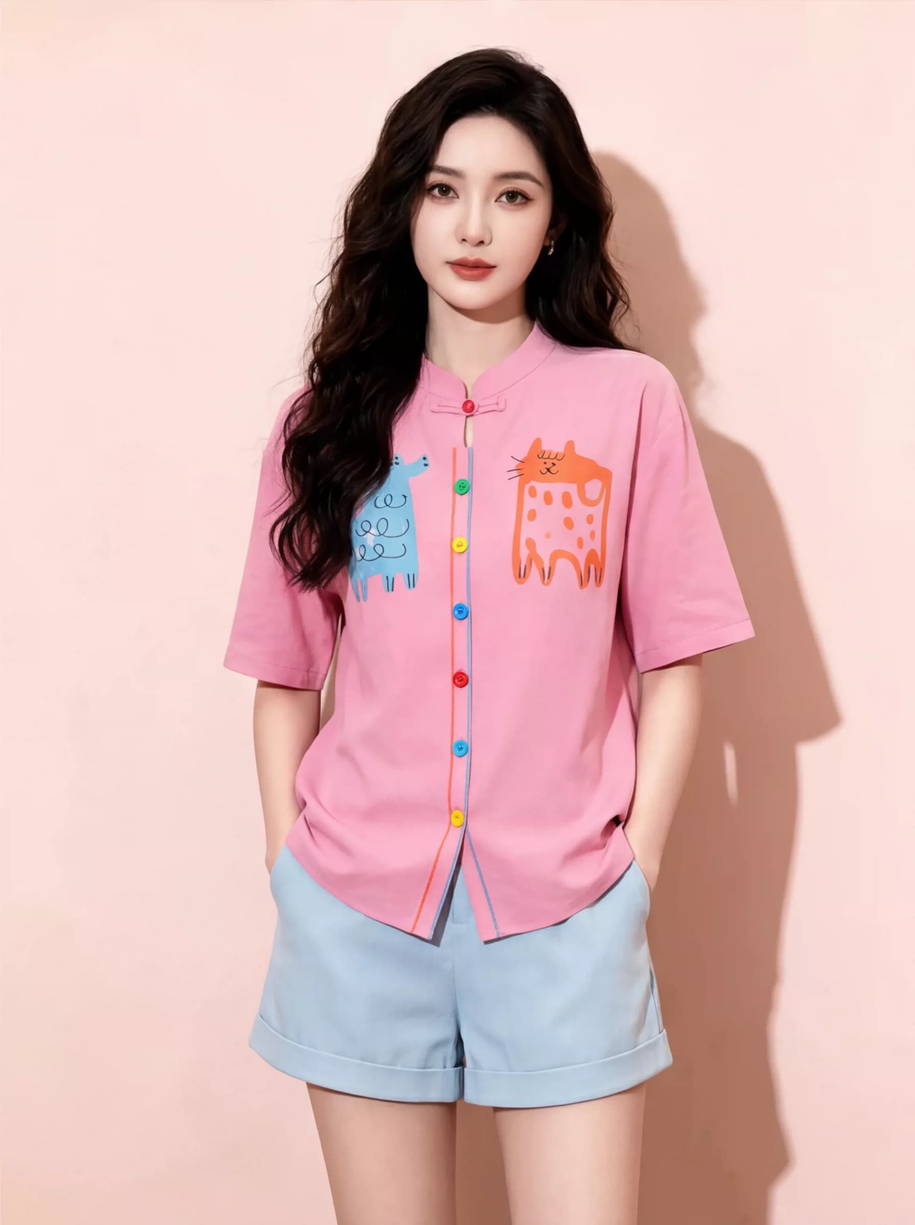 핑크색 만화 프린트 반팔 여성 셔츠 루즈핏 색상 단추 장식 맨위 여성 의류 일상 캐주얼 패션 바람