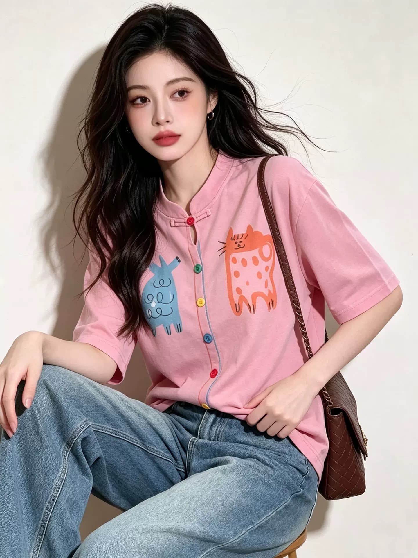 핑크색 만화 프린트 반팔 여성 셔츠 루즈핏 색상 단추 장식 맨위 여성 의류 일상 캐주얼 패션 바람 이미지 4