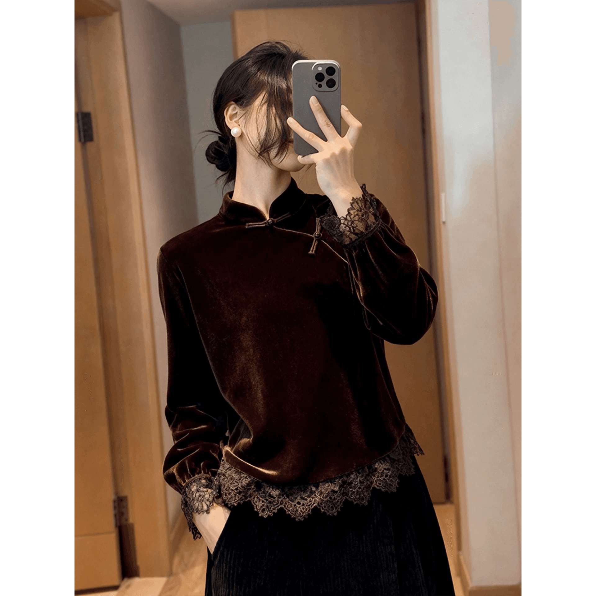 카운터 빼다 새로운 중식 커피 색상 패치워크 단추 벨벳 셔츠 빛 요리 한 작은 대중 아니요 명중 섹션 레이스 인사이드 잡아라. 의류 이미지 5