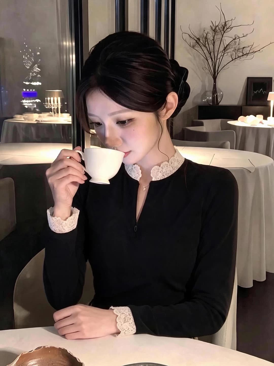 출퇴근 빛 요리 한 착용 가져 가라. 레이스 조각 기본 셔츠 여성 디자인 센스 지퍼 몸매 가꾸기 검정색 긴팔 티셔츠 맨위 가을 상세 이미지 5
