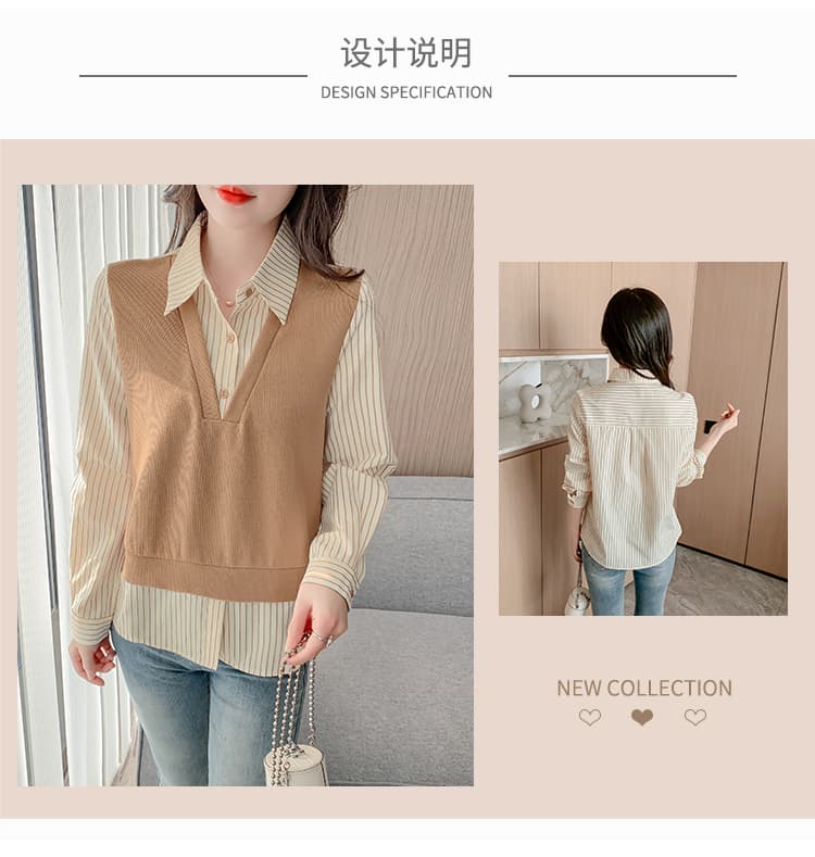 선물 화물 실사 2025 년 가을 새로운 페이크 레이어드 스트라이프 패치워크 맨위 여성 상세 이미지 3