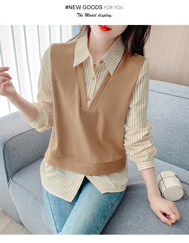 선물 화물 실사 2025 년 가을 새로운 페이크 레이어드 스트라이프 패치워크 맨위 여성 상세 이미지 14