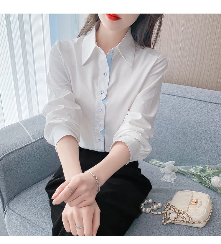 선물 화물 실사 2025 년 가을 순면 셔츠 루즈핏 슬림해 보이는 배색 문 襟 긴팔 맨위 상세 이미지 23