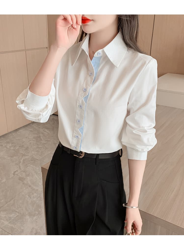 선물 화물 실사 2025 년 가을 순면 셔츠 루즈핏 슬림해 보이는 배색 문 襟 긴팔 맨위 상세 이미지 28