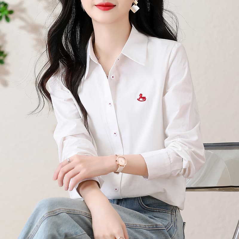 실사 2026 년 봄 새로운 여성 의류 배색 트로이 목마 자수 캐주얼 다용도 폴로 칼라 순면 긴팔 셔츠 이미지 3