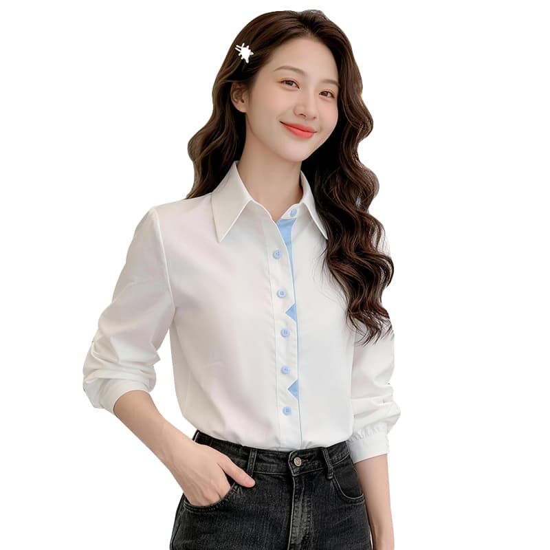 실사 2026 년 봄 새로운 여성 의류 셔츠 패션 배색 문 襟 폴로 칼라 순면 긴팔 맨위 이미지 6