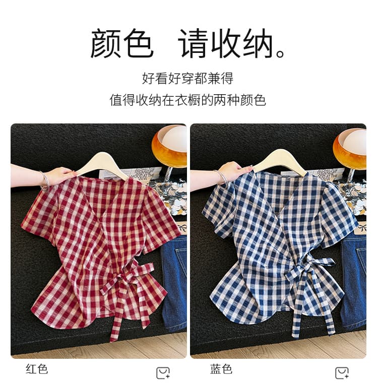 실사 레트로 체크무늬 반팔 여성 셔츠 여름 허리 수축 디자인 센스 작은 대중 스트랩 불규칙 거품 소매 맨위 상세 이미지 7