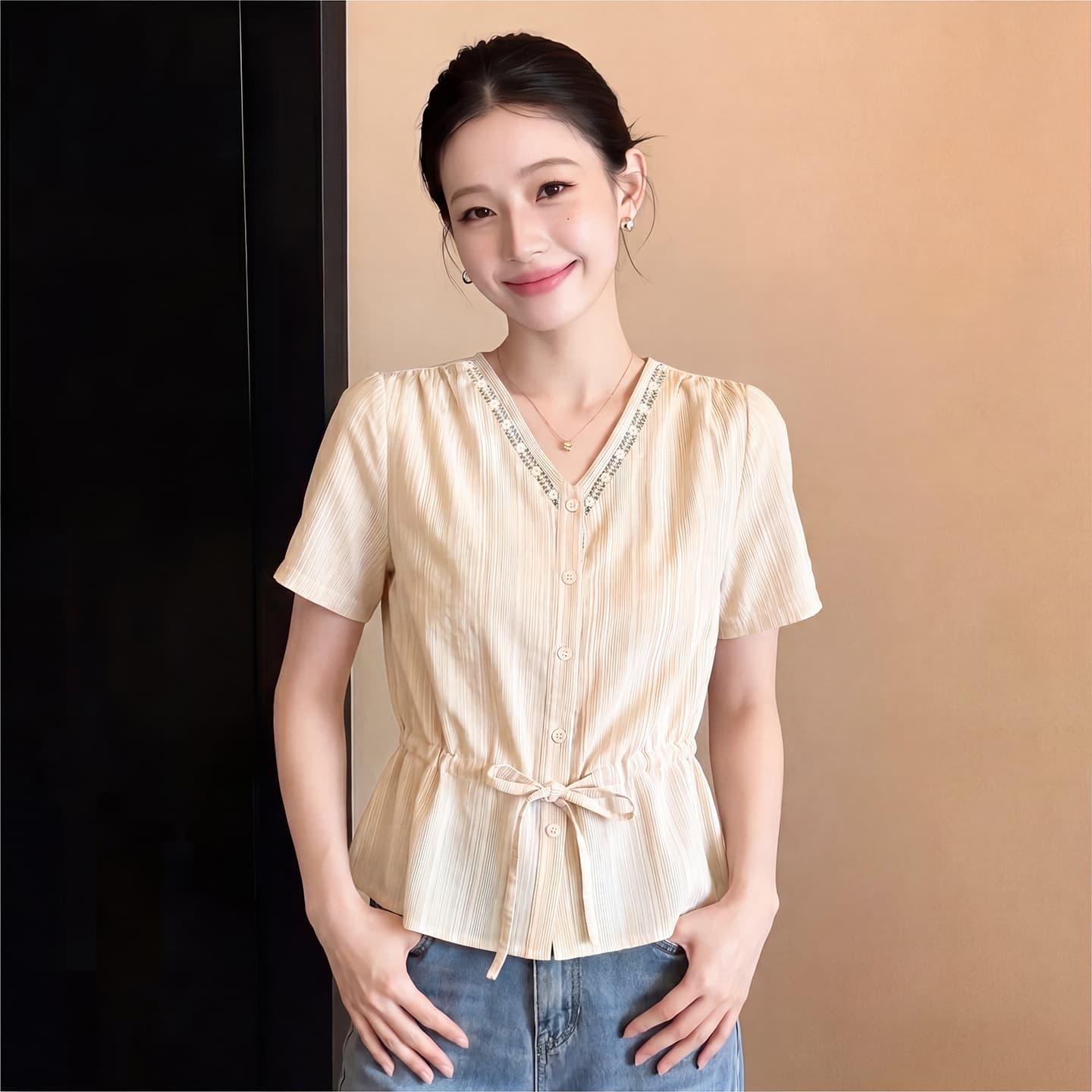 맑은 하늘 제직 여름 26 아모이 V넥 스트라이프 질감 센스 펌프 Pleat 레이스 레이스 패치워크 허리 수축 블라우스 상세 이미지 8