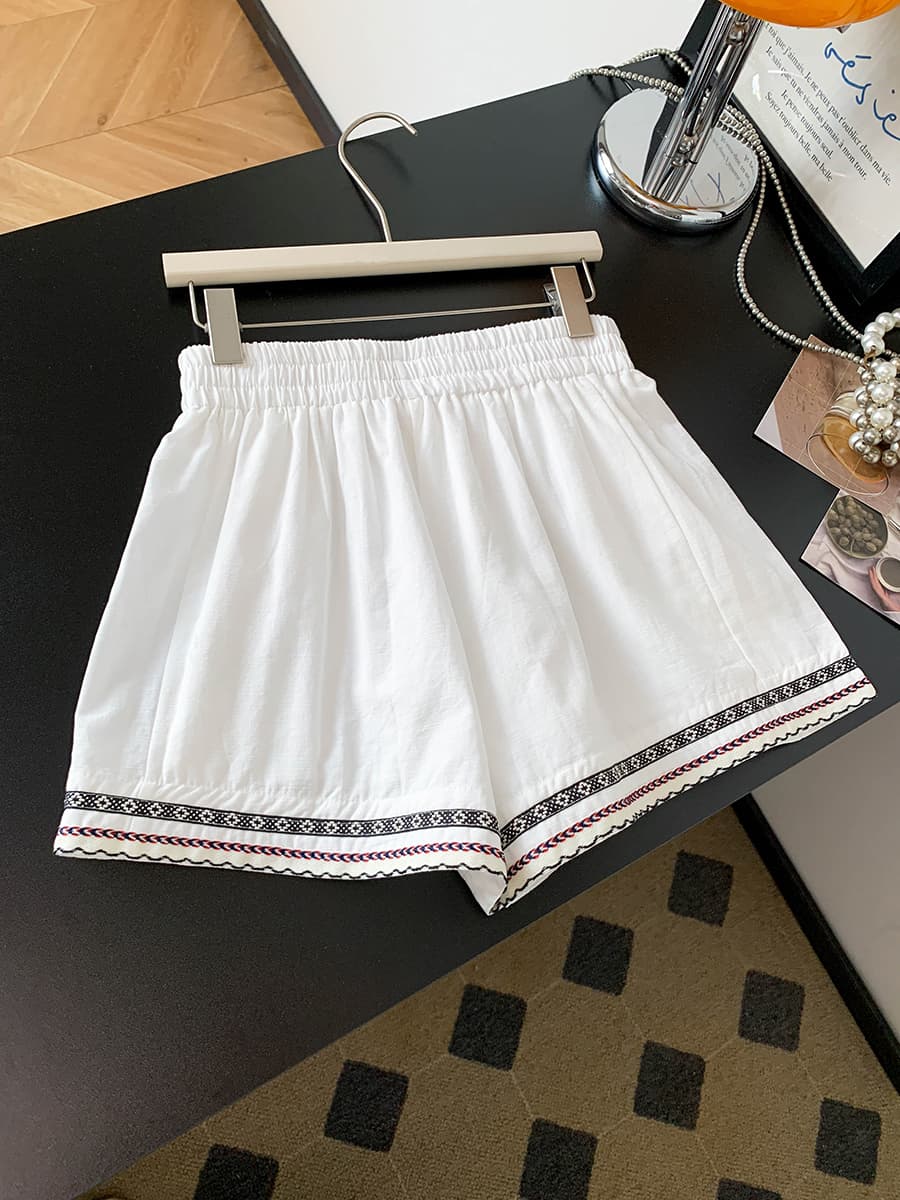 실사 여름 화이트 레이스 자수 면 린넨 반바지 여성 루즈핏 다용도 외국 가스 와이드 레그 팬츠 한 마디 캐주얼 반바지 상세 이미지 6