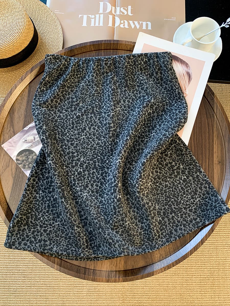 실사 레트로 느긋한 회색 레오파드 무늬 한 마디 반신 미니 스커트 가을 하이웨이스트 표지 넓적 다리 슬림해 보이는 캐주얼 미니멀리즘 중간 스커트 상세 이미지 8