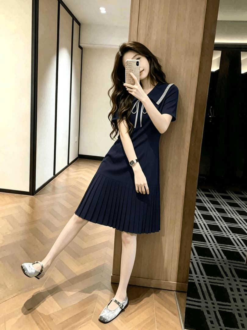 프랑스식 품격 절묘한 반팔 여성 드레스 여름 고급 센스 슬림해 보이는 플리츠 스커트 상세 이미지 1
