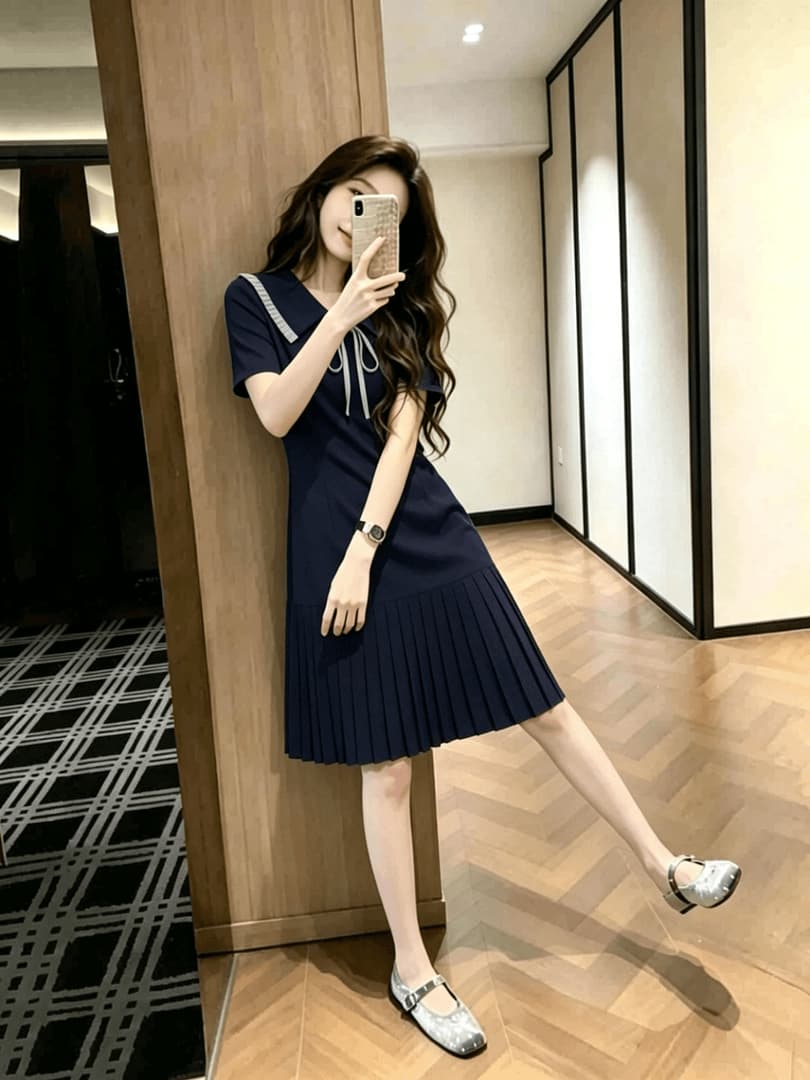 프랑스식 품격 절묘한 반팔 여성 드레스 여름 고급 센스 슬림해 보이는 플리츠 스커트 상세 이미지 2