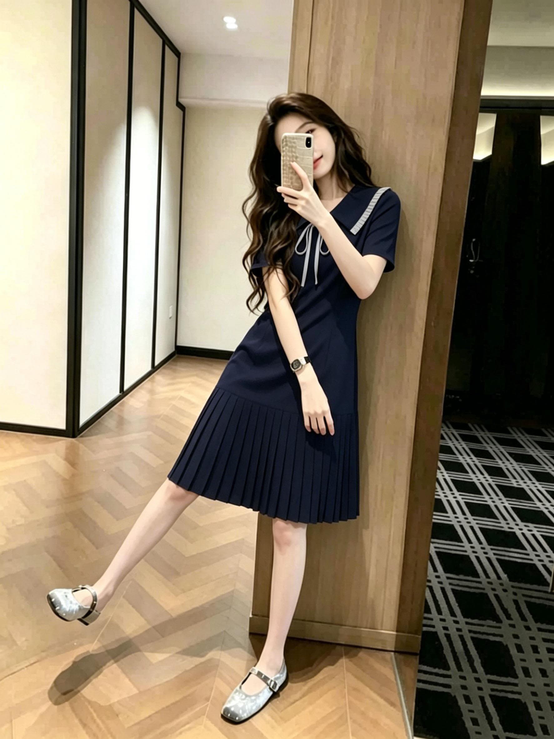 프랑스식 품격 절묘한 반팔 여성 드레스 여름 고급 센스 슬림해 보이는 플리츠 스커트 상세 이미지 7