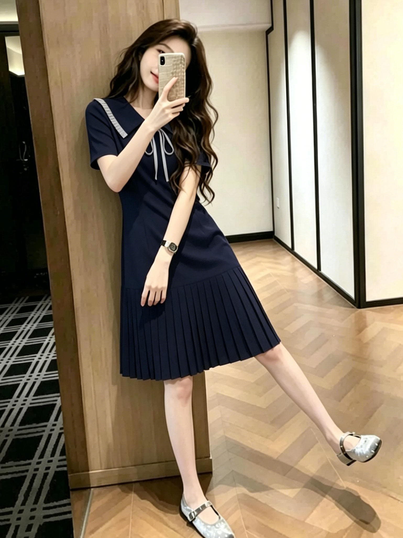 프랑스식 품격 절묘한 반팔 여성 드레스 여름 고급 센스 슬림해 보이는 플리츠 스커트 상세 이미지 10