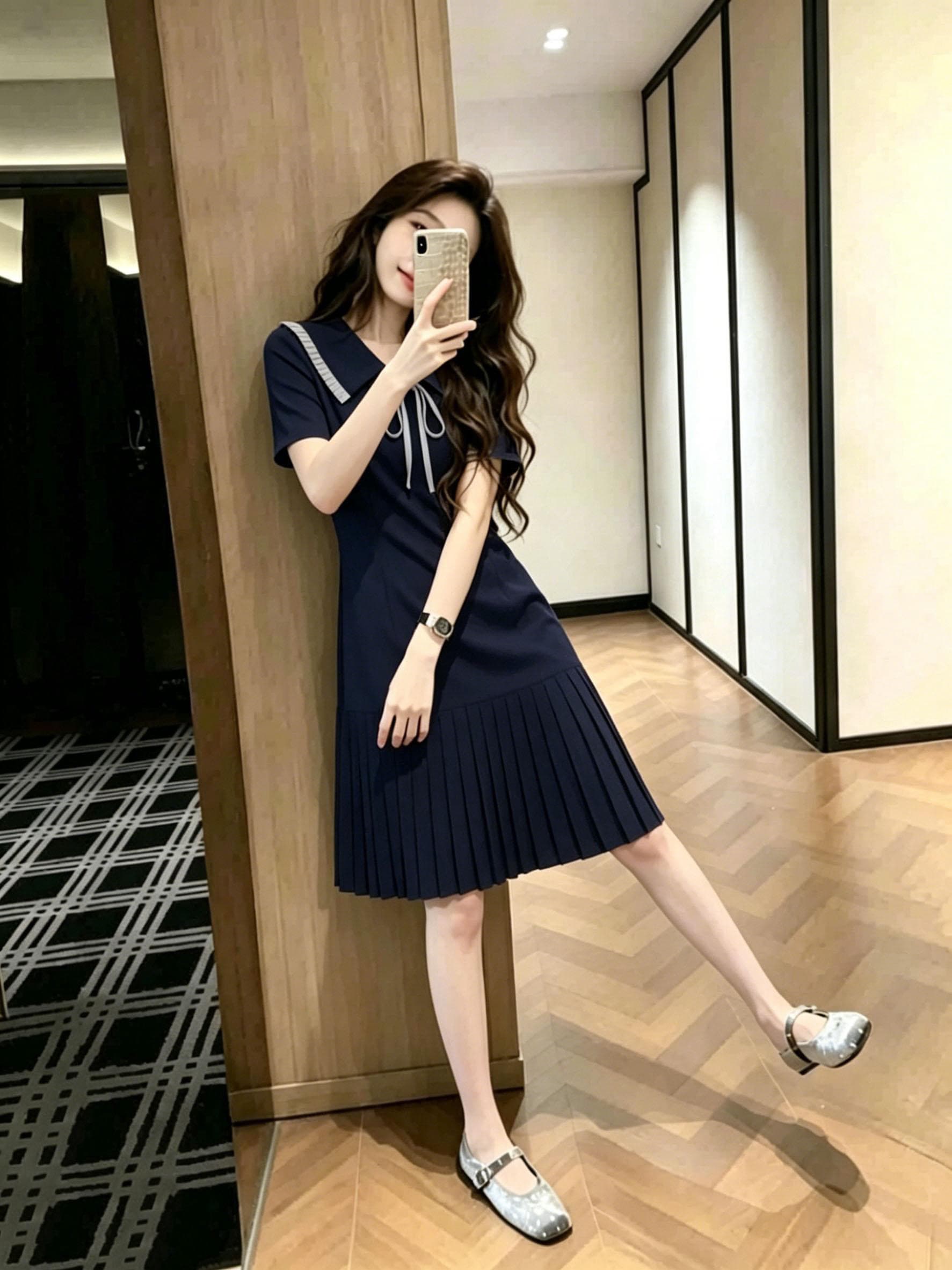 프랑스식 품격 절묘한 반팔 여성 드레스 여름 고급 센스 슬림해 보이는 플리츠 스커트 이미지 4