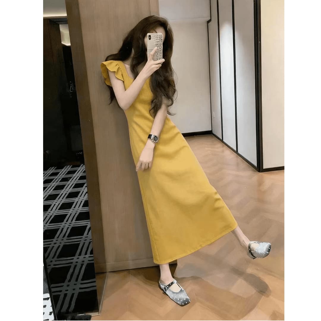 프랑스식 품격 황색 작은 날다 소매 여성 드레스 여름 고유 한 아름다운 작은 어린이 길이 치마 상세 이미지 2