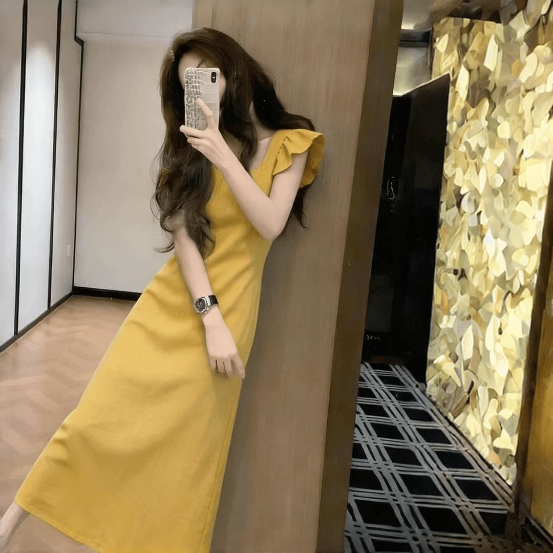 프랑스식 품격 황색 작은 날다 소매 여성 드레스 여름 고유 한 아름다운 작은 어린이 길이 치마 상세 이미지 3