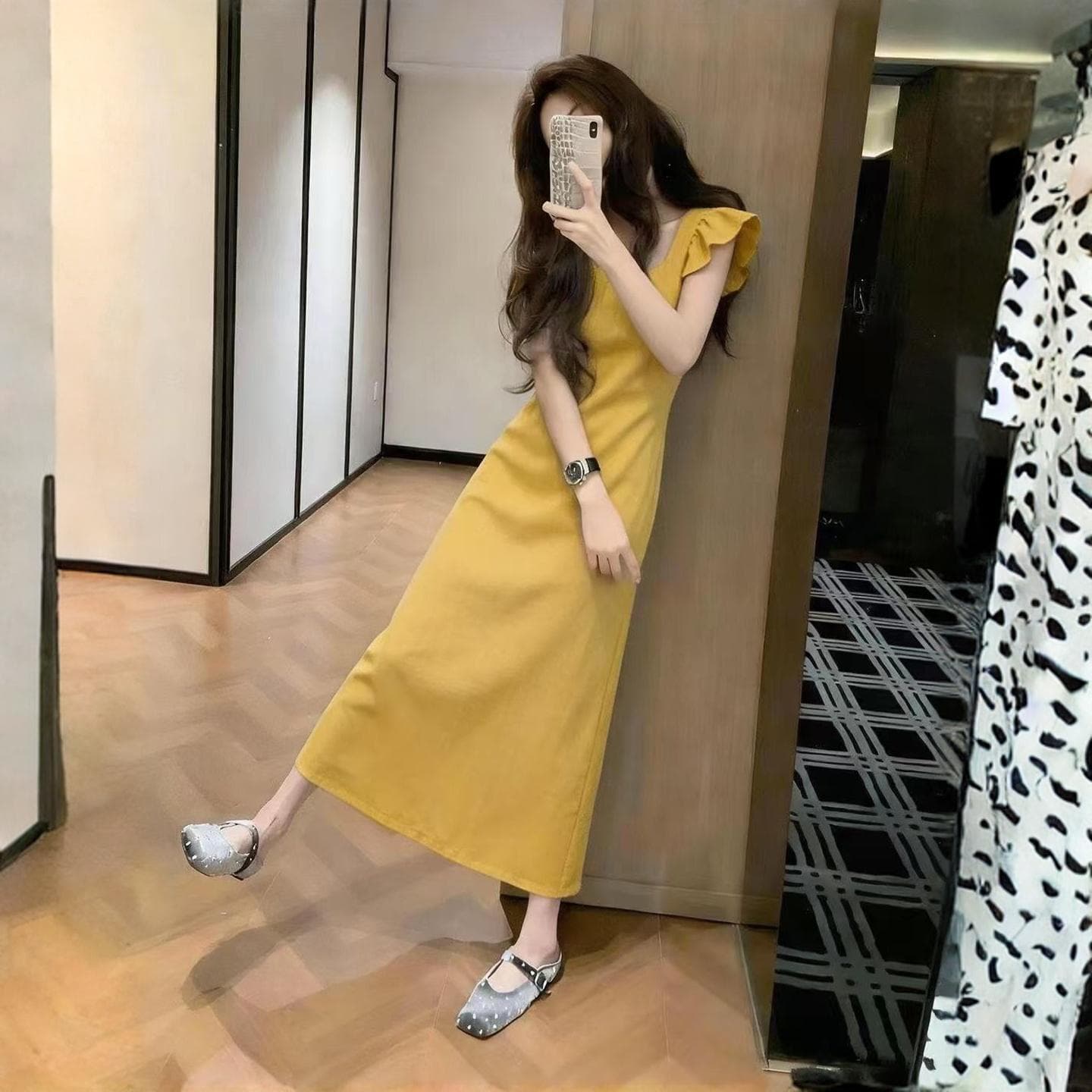 프랑스식 품격 황색 작은 날다 소매 여성 드레스 여름 고유 한 아름다운 작은 어린이 길이 치마 상세 이미지 6