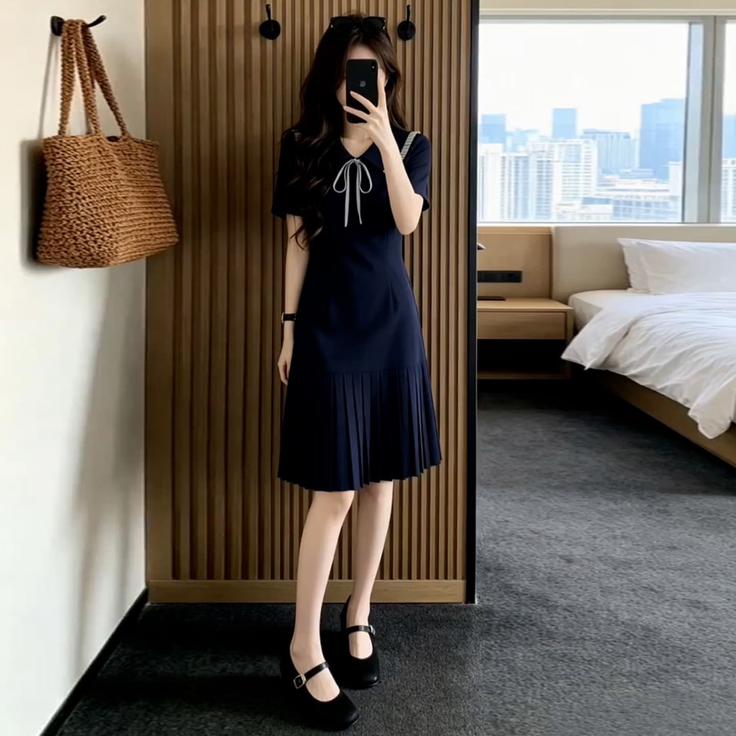 한 부서 학원 스타일 해군 칼라 드레스 아이들 여름 새로운 아름다운 작은 대중 아니요 명중 섹션 플리츠 미니 스커트 이미지 2
