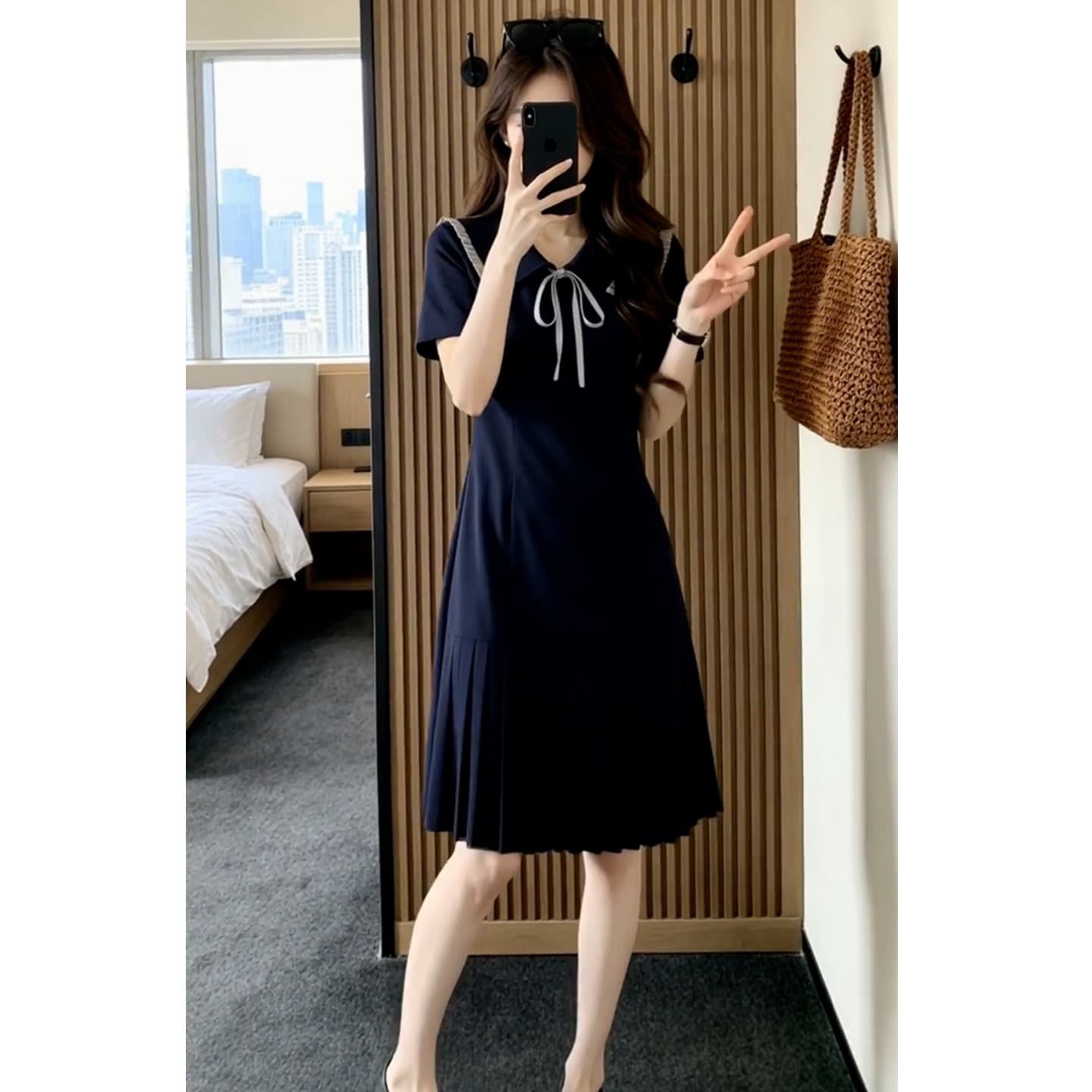 한 부서 학원 스타일 해군 칼라 드레스 아이들 여름 새로운 아름다운 작은 대중 아니요 명중 섹션 플리츠 미니 스커트 상세 이미지 1