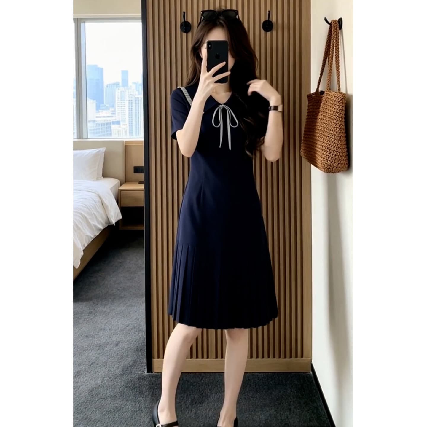 한 부서 학원 스타일 해군 칼라 드레스 아이들 여름 새로운 아름다운 작은 대중 아니요 명중 섹션 플리츠 미니 스커트 상세 이미지 4