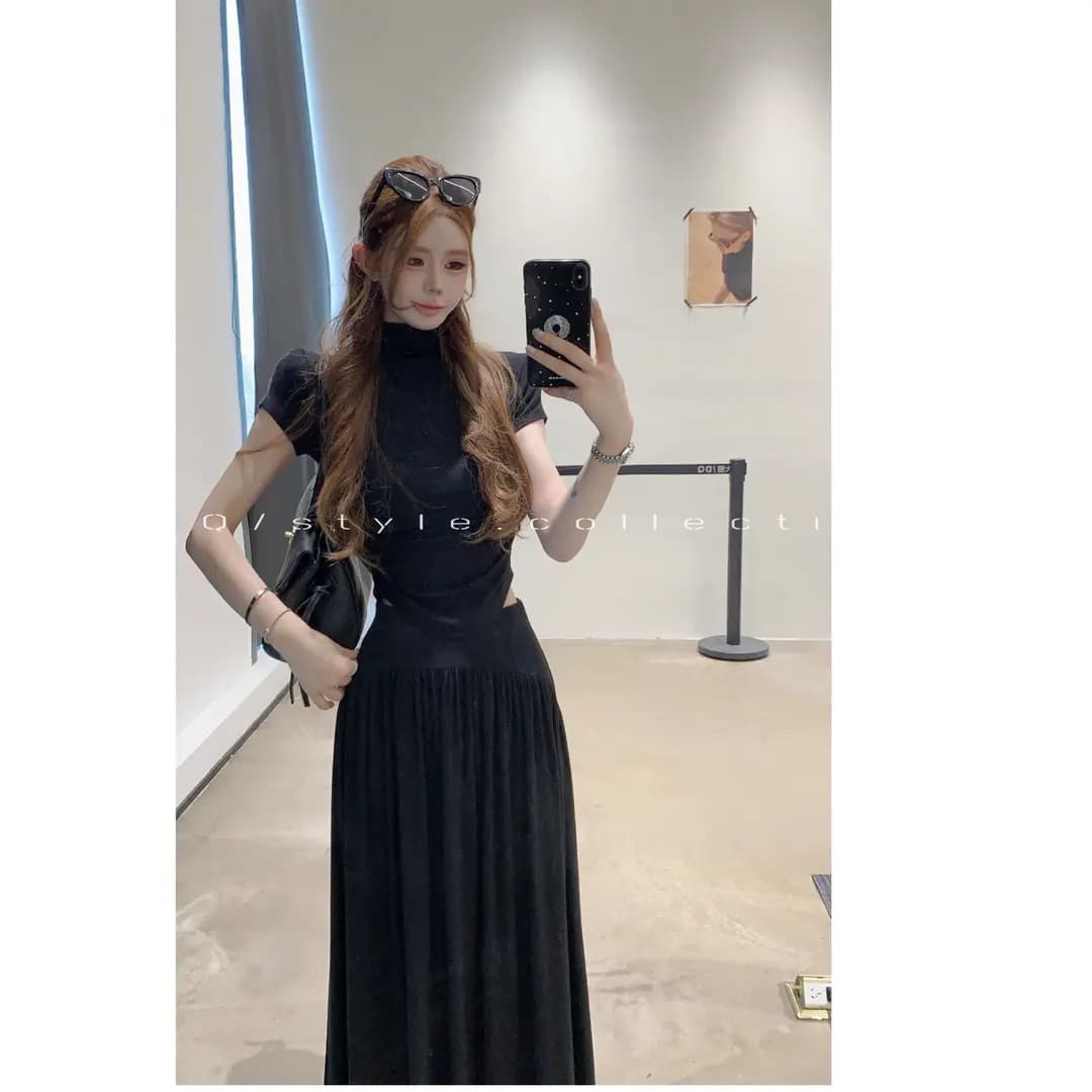 스탠드 칼라 티셔츠 치마 세트 이미지 4