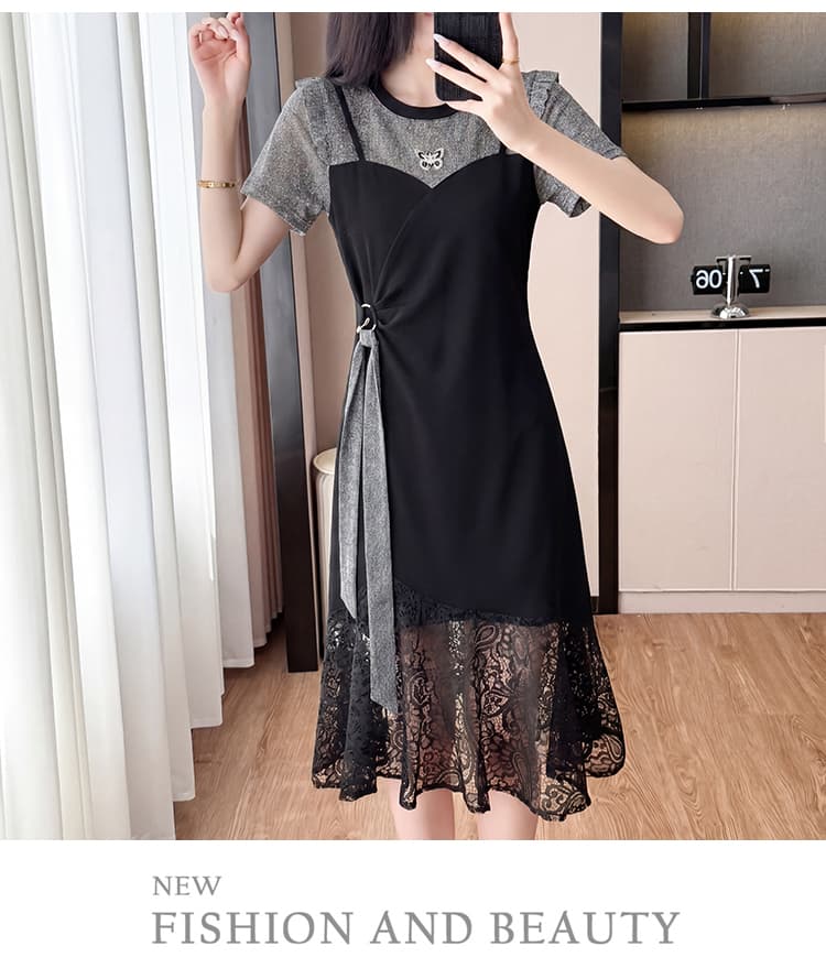 2026 새로운 프랑스식 패치워크 레이스 빅 사이즈 연령 감소 슬림해 보이는 드레스 상세 이미지 18