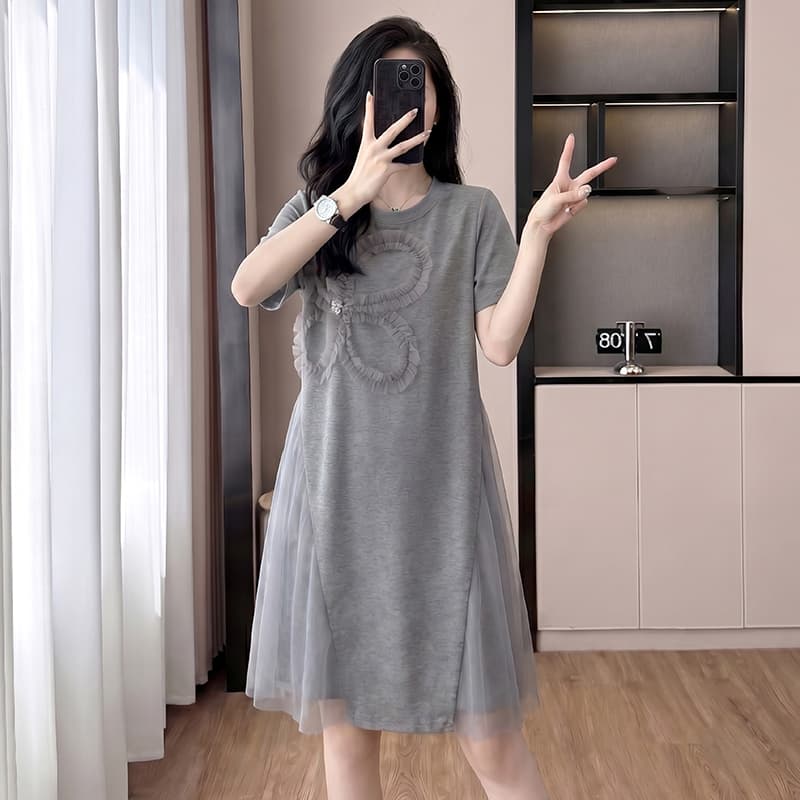 새로운 빅 사이즈 패치워크 망사 표지 고기 루즈핏 드레스 이미지 2