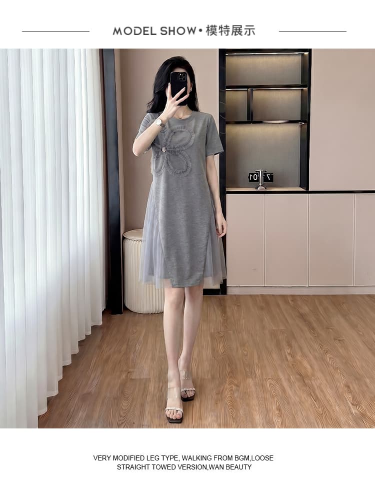 새로운 빅 사이즈 패치워크 망사 표지 고기 루즈핏 드레스 상세 이미지 11