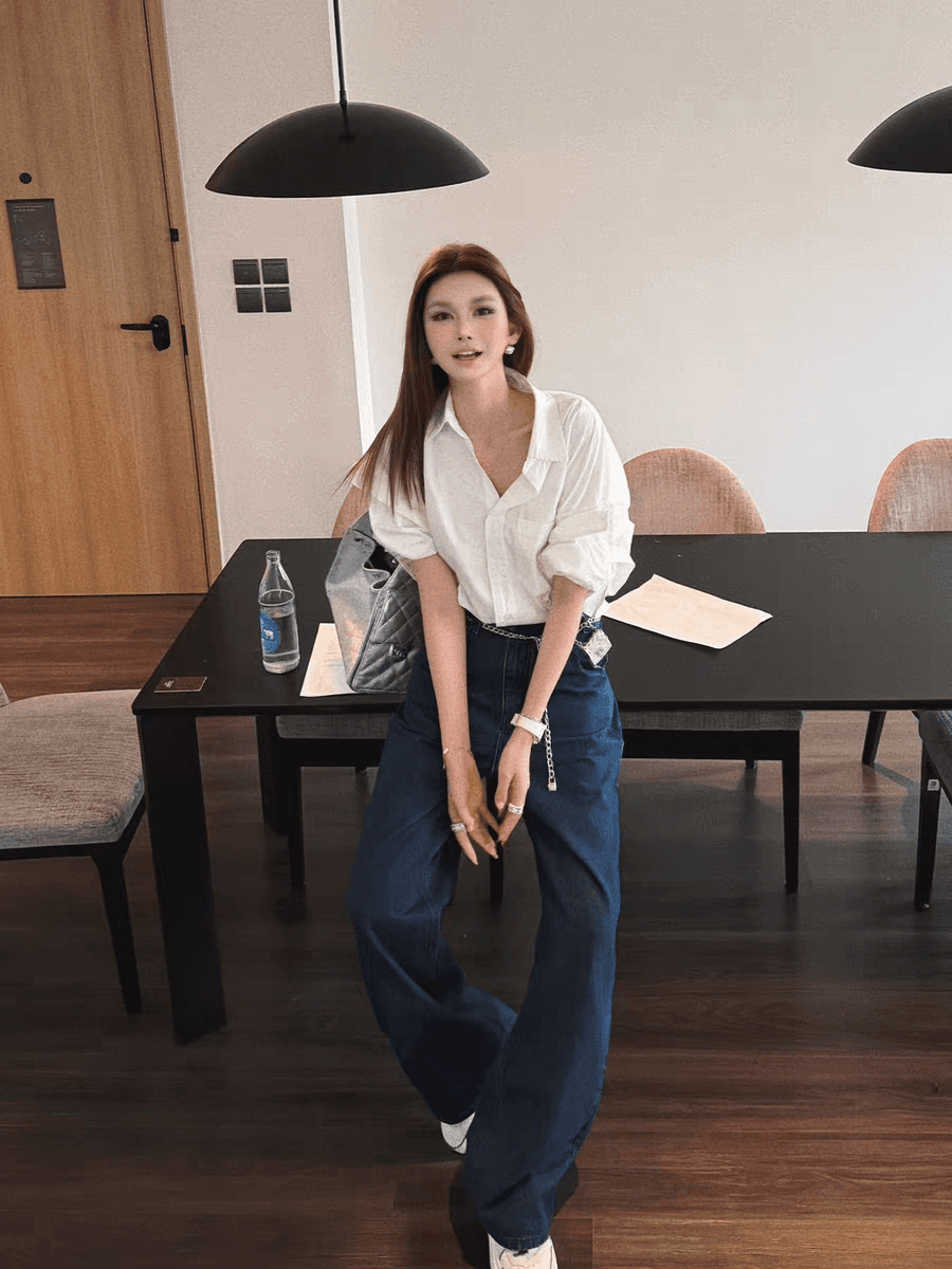 리 부드럽게 6 월 세련된 화이트 중간 소매 셔츠 남자 친구 바람 프로필 모양 루즈핏 셔츠 디자인 센스 다용도 품격 상세 이미지 3