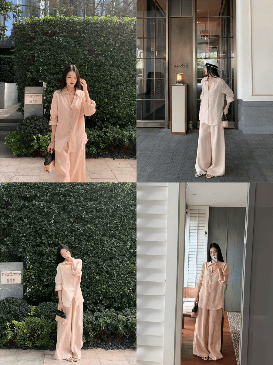 오래된 돈 아마 세트 그룹 루즈핏 느긋한 긴팔 셔츠 루즈핏 긴 바지 세트 상세 이미지 2