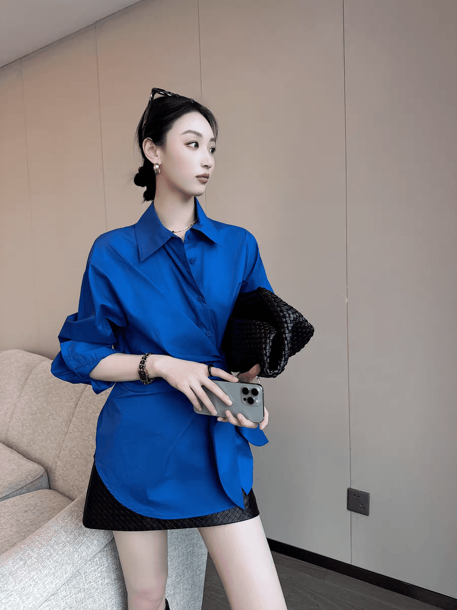 pinkeen 파란색 폴로 칼라 스트랩 긴팔 여성 셔츠 봄 2026 년 새로운 디스플레이 화이트 연령 감소 허리 수축 맨위 상세 이미지 3