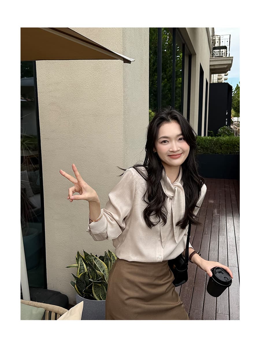 fol else 법 좋은 맨 데이 실크 양모 레이스업 리본 긴팔 셔츠 루즈핏 슬림해 보이는 맨위 여성 상세 이미지 7