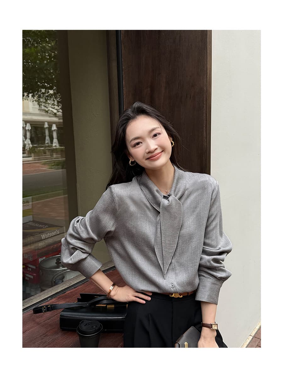 fol else 법 좋은 맨 데이 실크 양모 레이스업 리본 긴팔 셔츠 루즈핏 슬림해 보이는 맨위 여성 상세 이미지 17