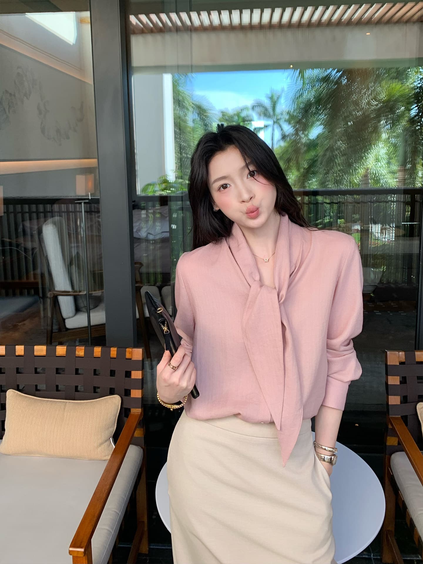 fol else 법 좋은 맨 데이 실크 양모 레이스업 리본 긴팔 셔츠 루즈핏 슬림해 보이는 맨위 여성 상세 이미지 45