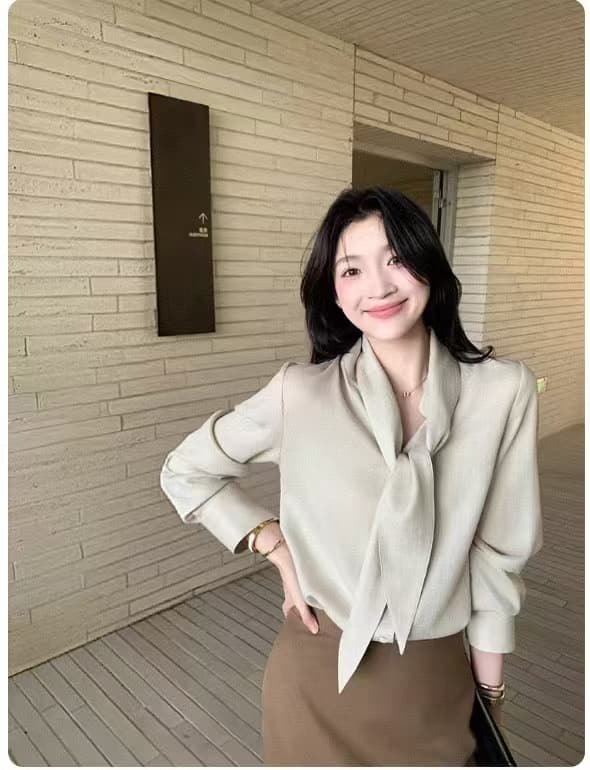 fol else 법 좋은 맨 데이 실크 양모 레이스업 리본 긴팔 셔츠 루즈핏 슬림해 보이는 맨위 여성 상세 이미지 49