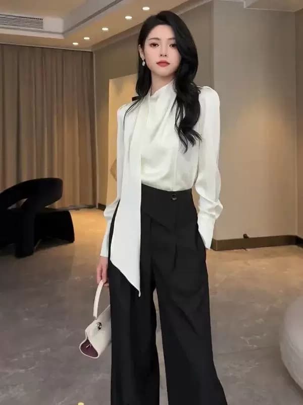 패션 긴팔 캐주얼 다용도 단색 여성 셔츠 2026 로얄 자매 팬 고급 센스 새틴 맨위 상세 이미지 9