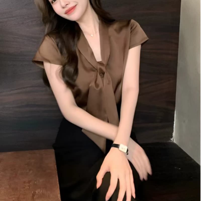 나비 매듭 스트랩 작은 날다 소매 여성 셔츠 여름 섹션 2026 새로운 폭발 품격 출퇴근 경력 쉬폰 블라우스 맨위 이미지 5