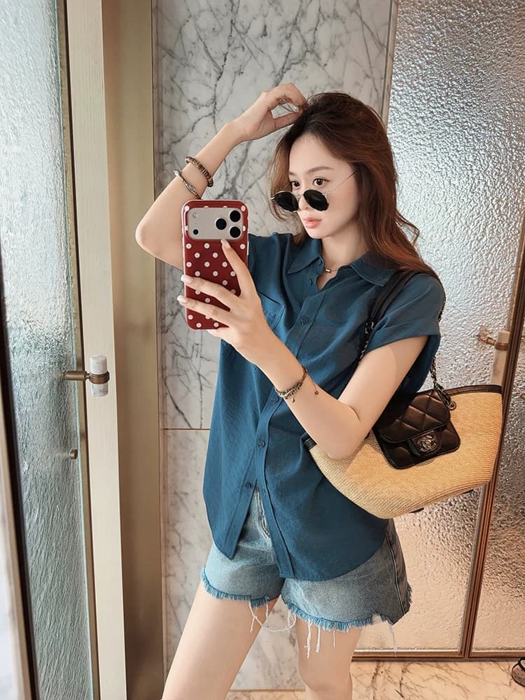 아름다움 대양 meiyang 소나무 섬 반팔 셔츠 polo 폴로 칼라 볼륨 측면 작은 날다 소매 맨위 상세 이미지 23