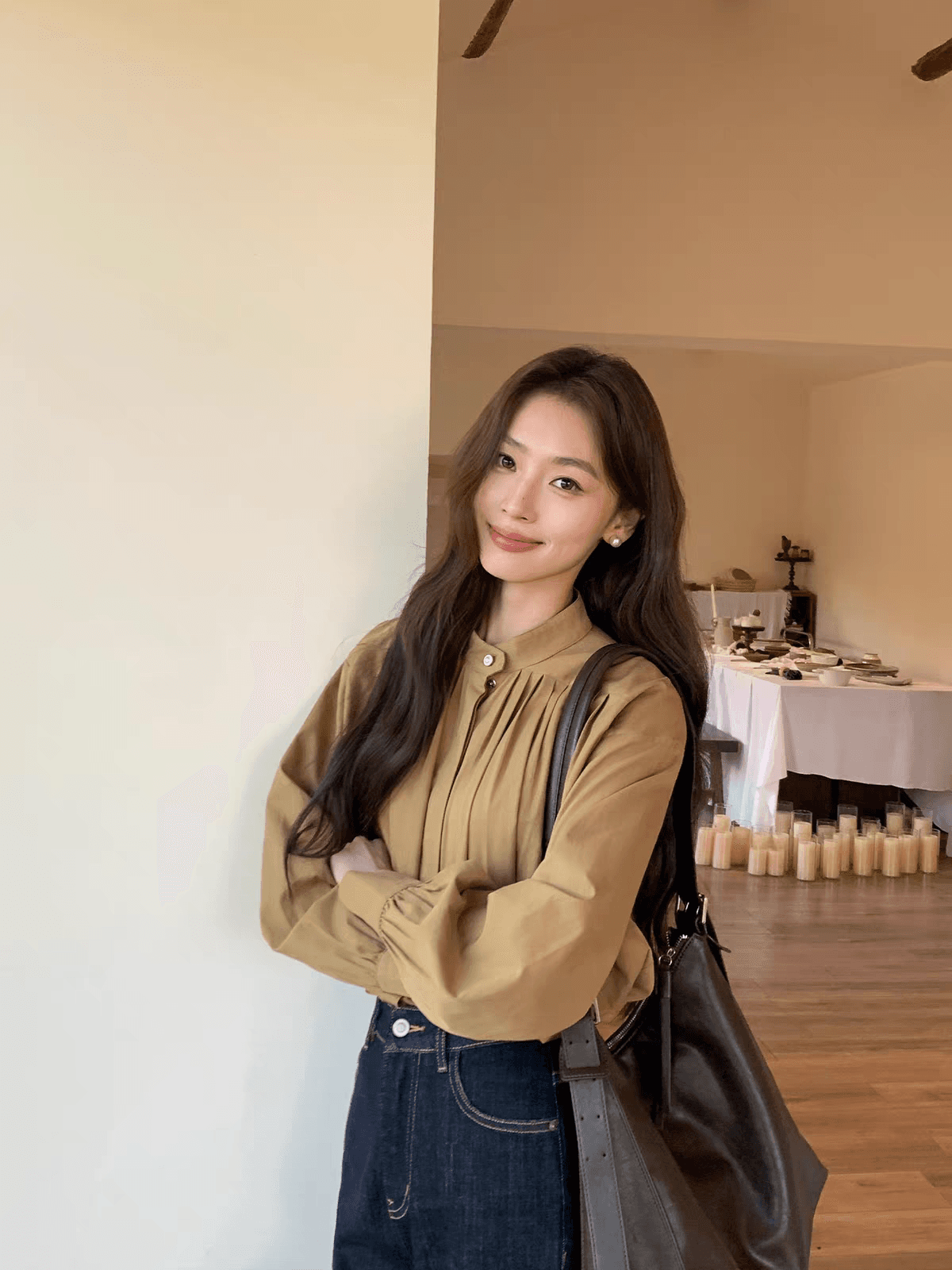 pusumede 장기 변형 라이 경기 서울 면 스탠드 칼라 여성 셔츠 높음 지혜 센스 플리츠 루즈핏 긴팔 셔츠 이미지 2