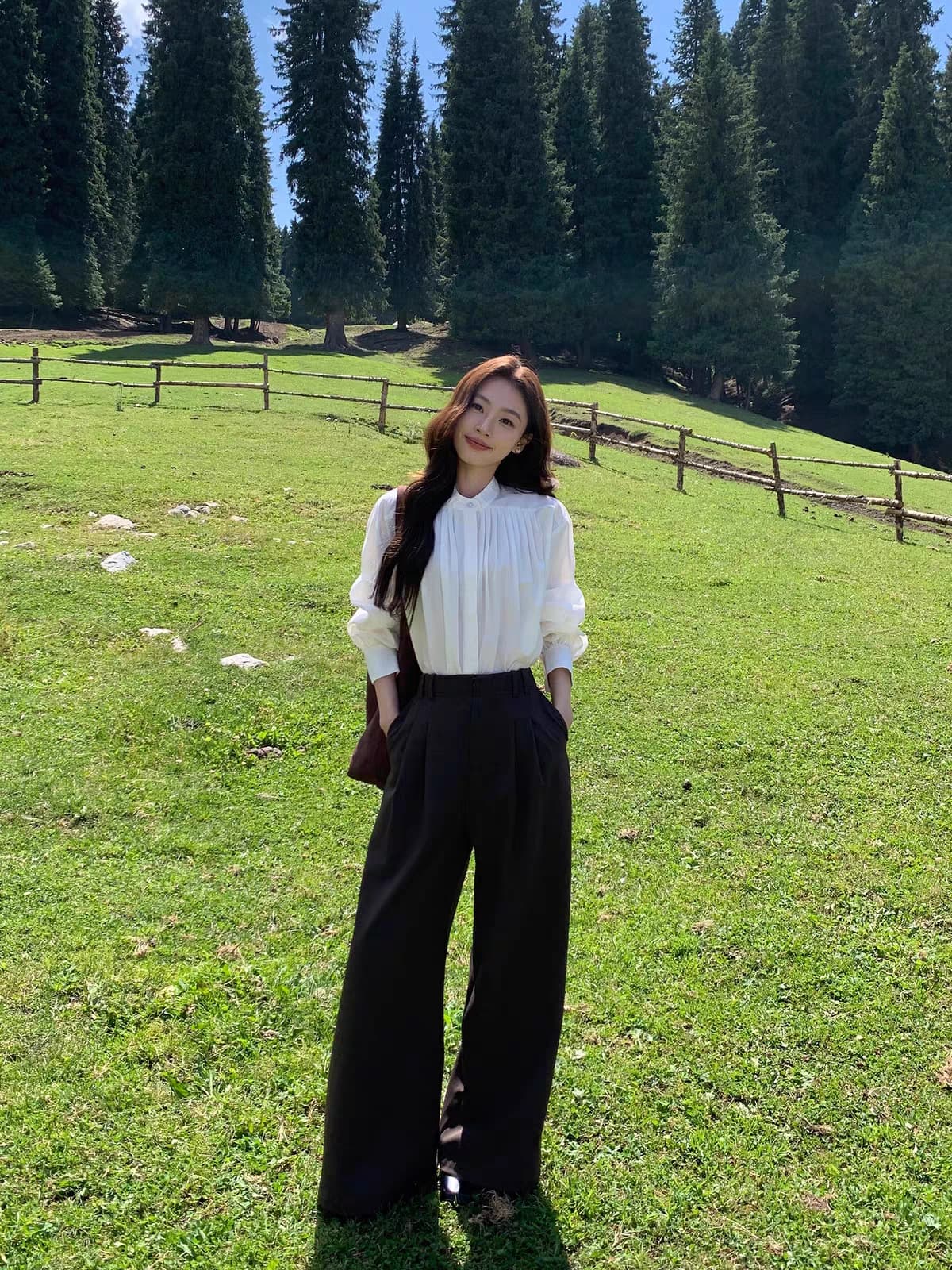 pusumede 장기 변형 라이 경기 서울 면 스탠드 칼라 여성 셔츠 높음 지혜 센스 플리츠 루즈핏 긴팔 셔츠 이미지 3