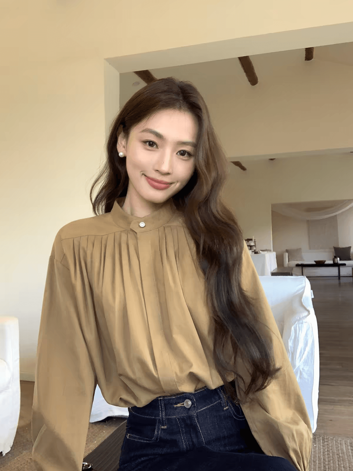 pusumede 장기 변형 라이 경기 서울 면 스탠드 칼라 여성 셔츠 높음 지혜 센스 플리츠 루즈핏 긴팔 셔츠 상세 이미지 4