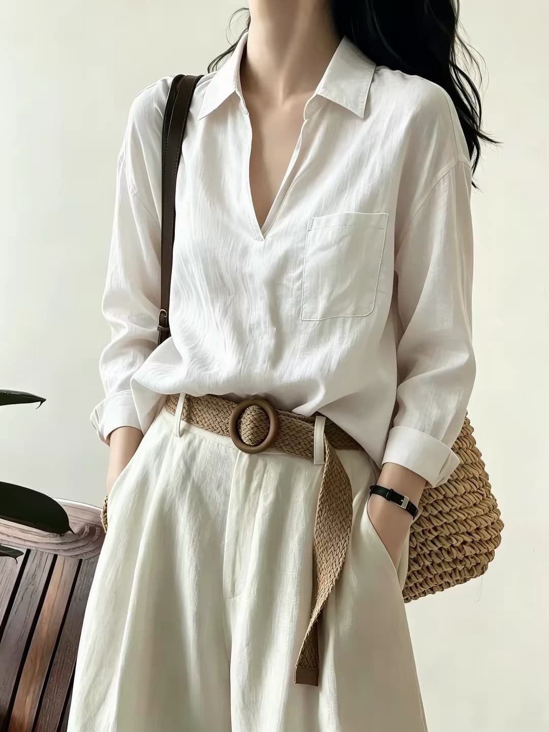 오래된 돈 바람 레트로 라미 V넥 자외선 차단 긴팔 여성 셔츠 여름 캐주얼 루즈핏 다용도 출퇴근 셔츠 맨위 상세 이미지 2